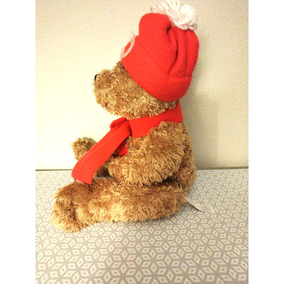 Vintage Hand Puppet Teddy Bear Realistic Plush Christmas Toy w Knit Hat & Scarf - Picture 9 of 12